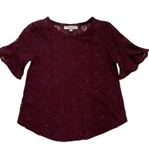 Loft Burgundy Lace Bell Short Sleeve Blouse XS